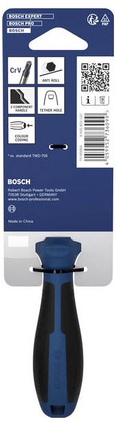 Confezione di impugnatura cacciavite Bosch con uno strumento manuale blu e nero, icone di caratteristiche, codice QR, codice a barre e marchio Bosch su un supporto di carta blu.