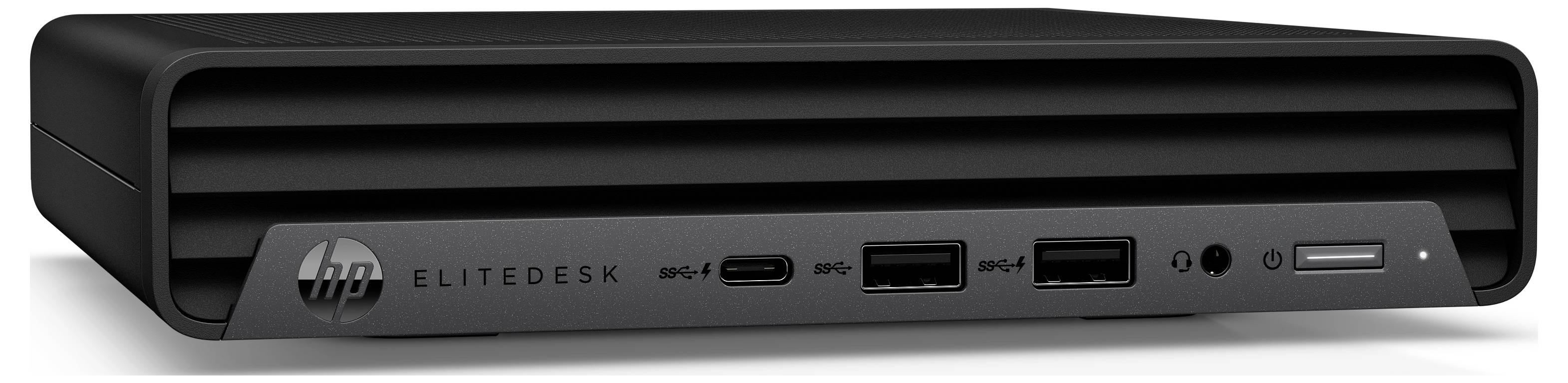 Vista frontale di un mini computer desktop HP EliteDesk, che mostra il logo e le porte e i pulsanti anteriori.