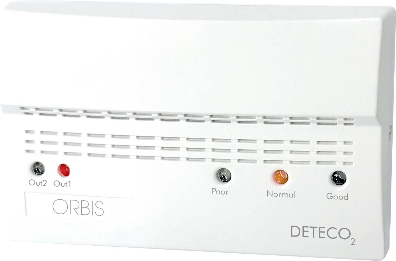 Rilevatore ORBIS DETECO2 montato a parete di colore bianco con prese d'aria e LED di stato etichettati Out2, Out1, Poor, Normal e Good.