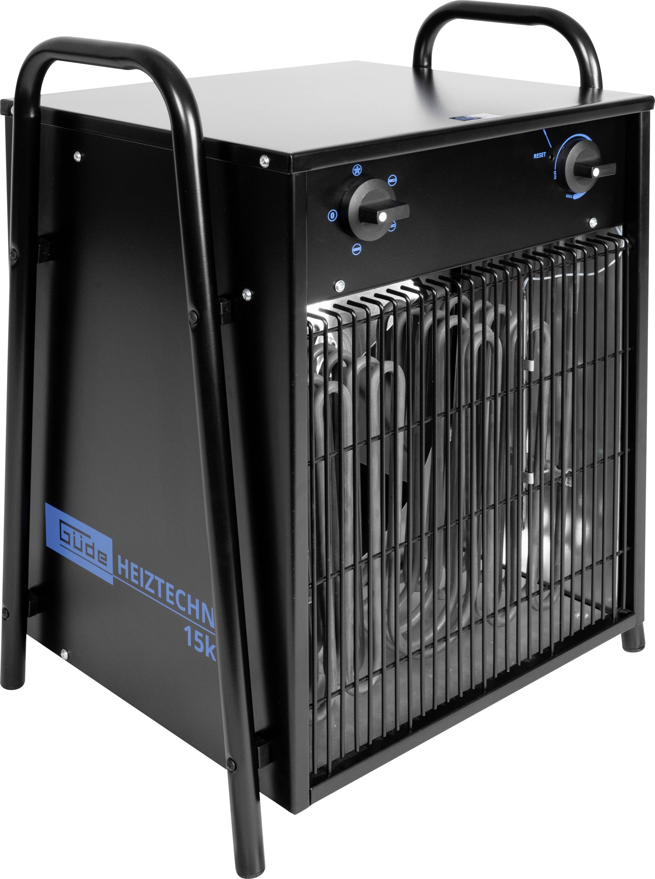 Riscaldatore elettrico portatile nero con maniglie, griglia di sicurezza anteriore e due manopole di controllo, etichettato "Güde HEIZTECHNIK 15k"