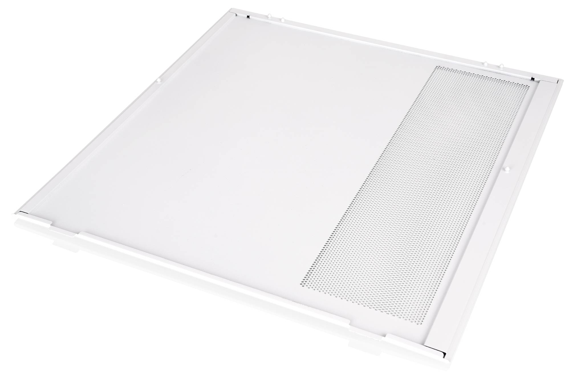 Pannello luce da soffitto rettangolare bianco con una striscia di ventilazione forata su un lato, mostrato su uno sfondo bianco uniforme.