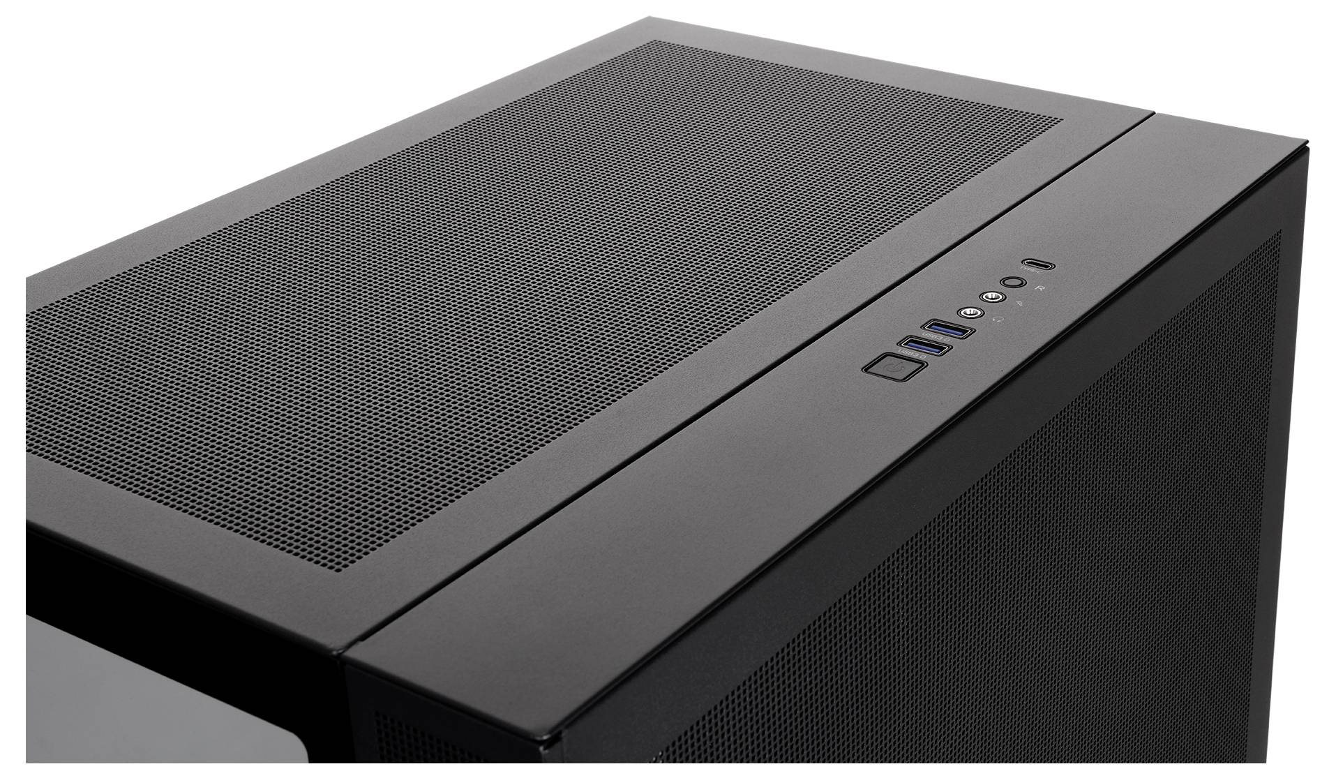 Custodia da tower per computer desktop nera con pannello superiore in mesh e porte di alimentazione e USB anteriori