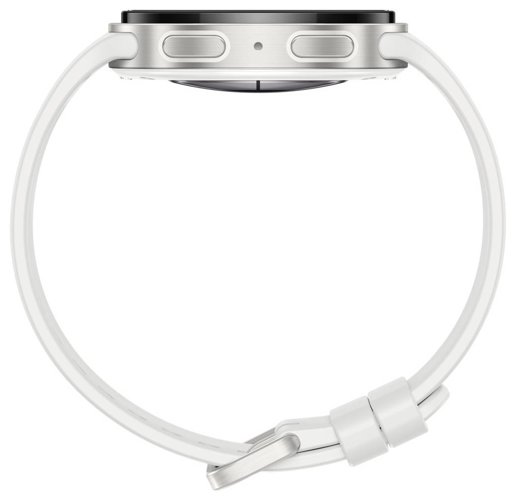 Vista laterale di uno smartwatch argentato con cinturino bianco, mostrato su uno sfondo bianco semplice.