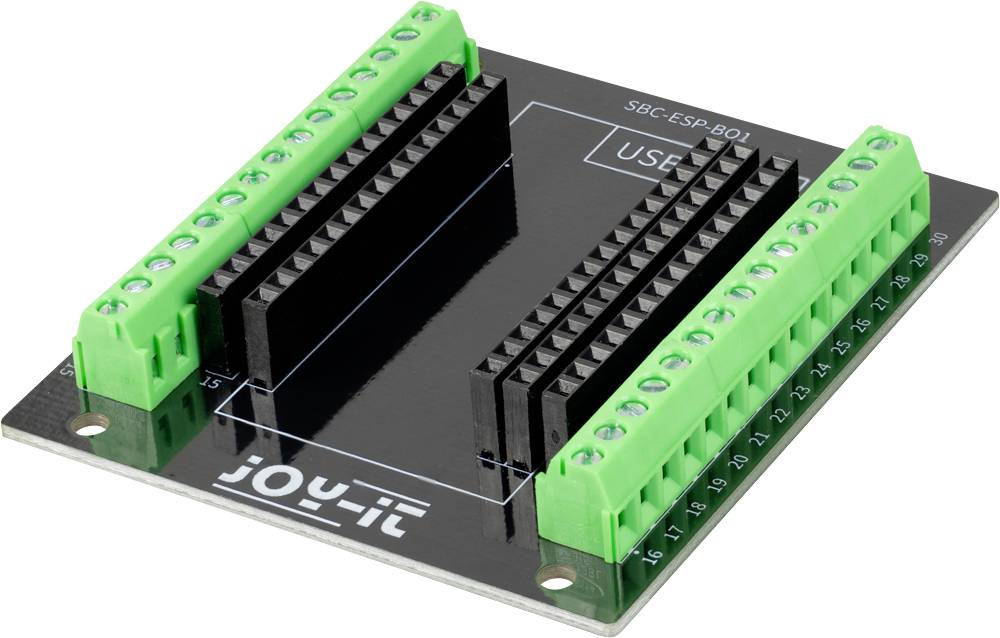 Adattatore per scheda a circuito stampato con due file di connettori a spina neri e blocchi terminali a vite verdi, etichettato 'SBC-E5P-B01' e 'USE', per collegare i fili a un computer a scheda singola