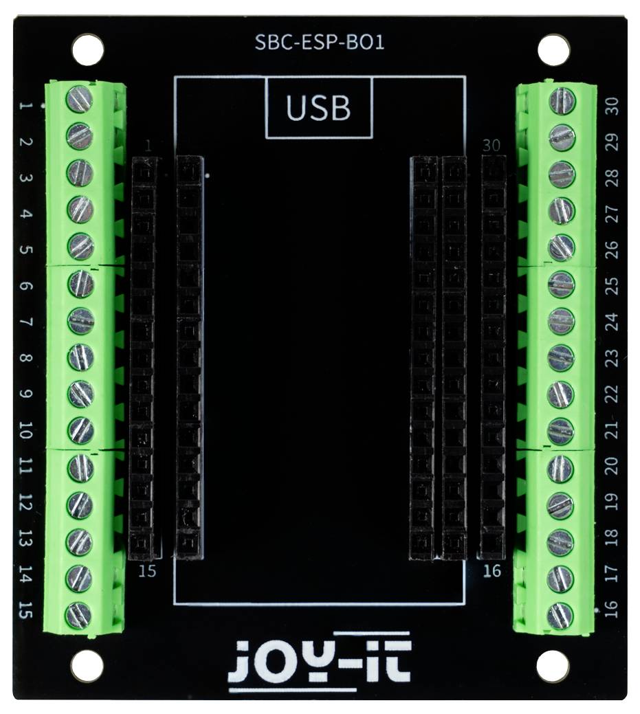 Scheda di breakout JOY-IT SBC-ESP-B01 nera con un ritaglio USB centrale e due strisce di terminali a vite verdi numerate da 1-30 sui lati.