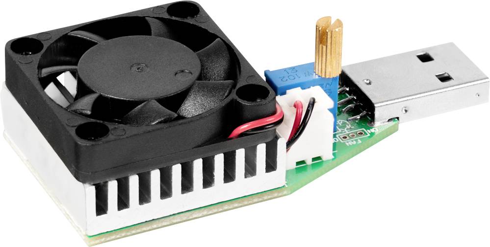 Piccolo dispositivo di raffreddamento elettronico USB con ventola, dissipatore di calore e scheda circuitale collegata a una spina USB.