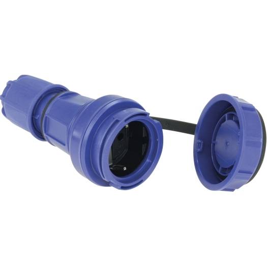 Connettore elettrico industriale blu con cappuccio protettivo collegato, mostrato aperto per rivelare l'estremità della presa.