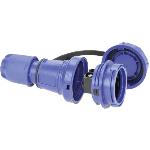 Connettore elettrico industriale blu con tappo integrato e cavo nero su sfondo bianco.