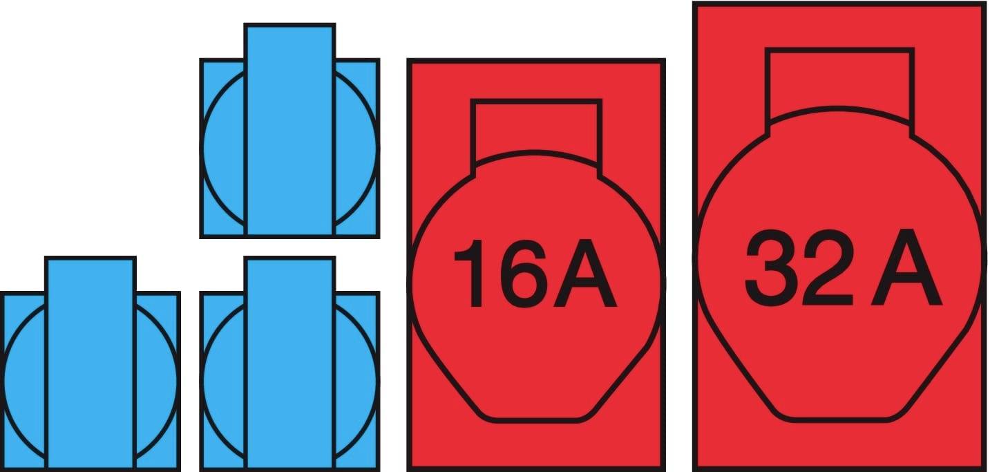 Diagramma di tre connettori blu più piccoli e due connettori rossi più grandi etichettati '16A' e '32A', che mostrano dimensioni e valori di corrente nominale.