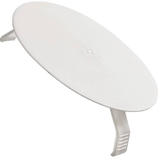 Un'antenna parabolica satellitare bianca montata su una staffa, mostrata su uno sfondo neutro.