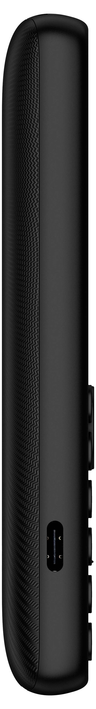 Dispositivo elettronico nero verticale mostrato da un lato, con retro texturizzato, porta USB-C vicino al fondo e pulsanti laterali sul bordo destro.