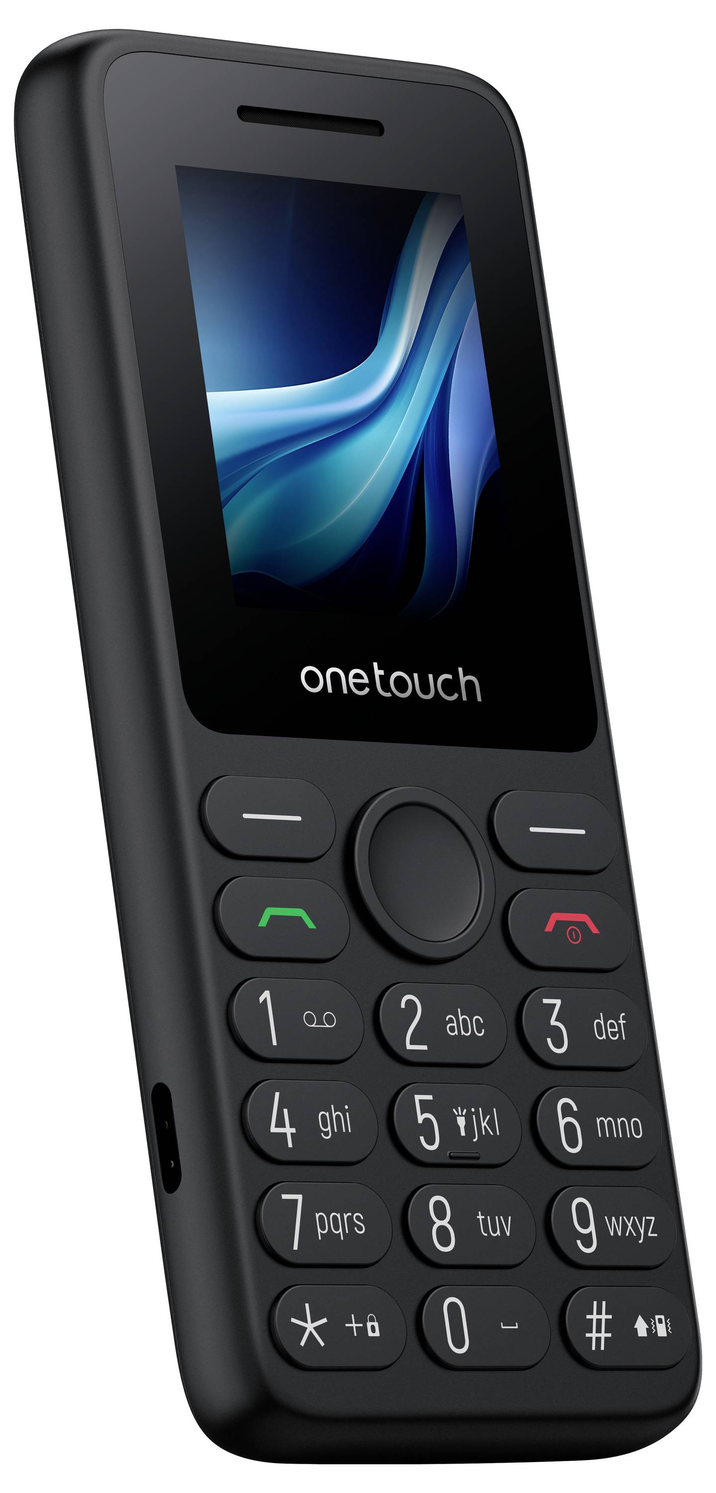 Telefono Alcatel OneTouch nero a feature phone mostrato in vista frontale con schermo acceso e tastiera visibile.
