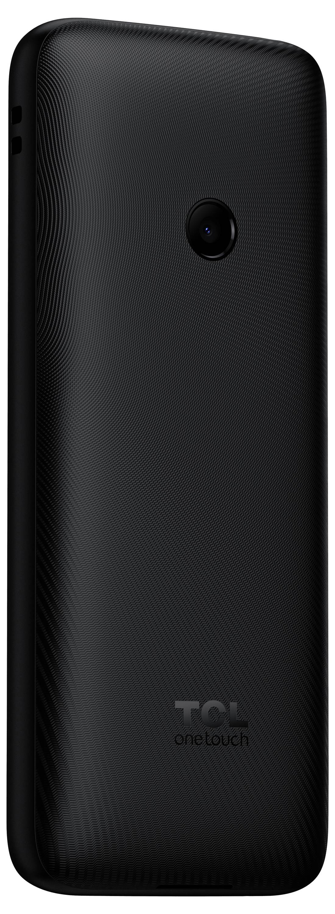 Vista posteriore di un telefono cellulare TCL OneTouch nero, che mostra una singola fotocamera posteriore centrata vicino alla parte superiore e il logo TCL OneTouch vicino alla parte inferiore.