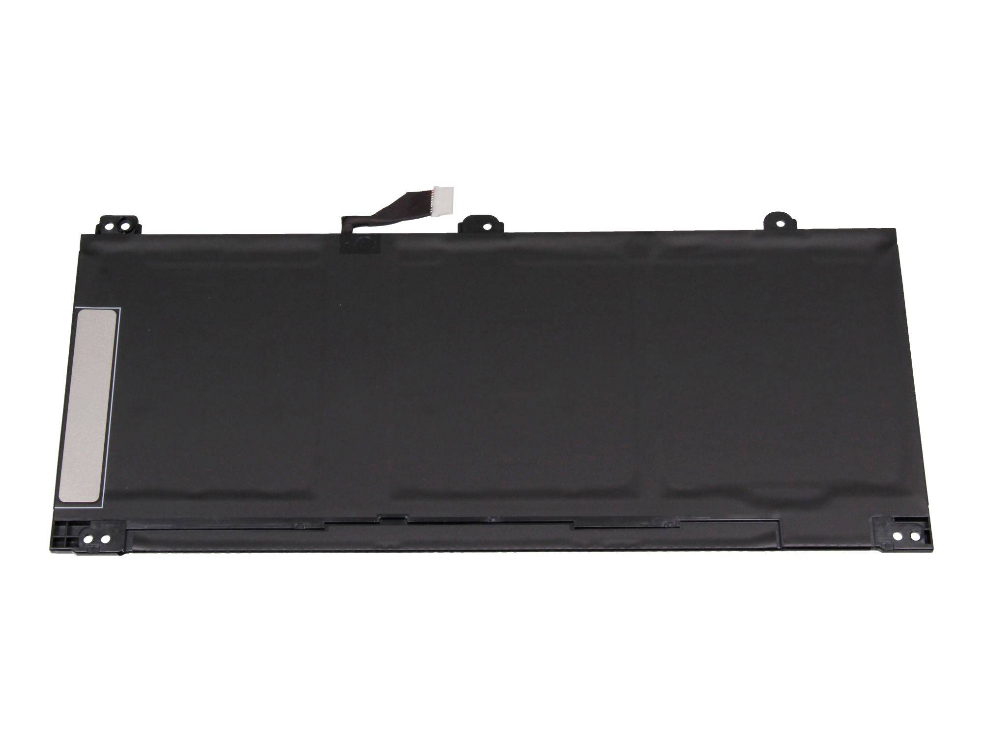 Batteria per laptop rettangolare nera con linguetta di connessione e supporti di montaggio su sfondo bianco