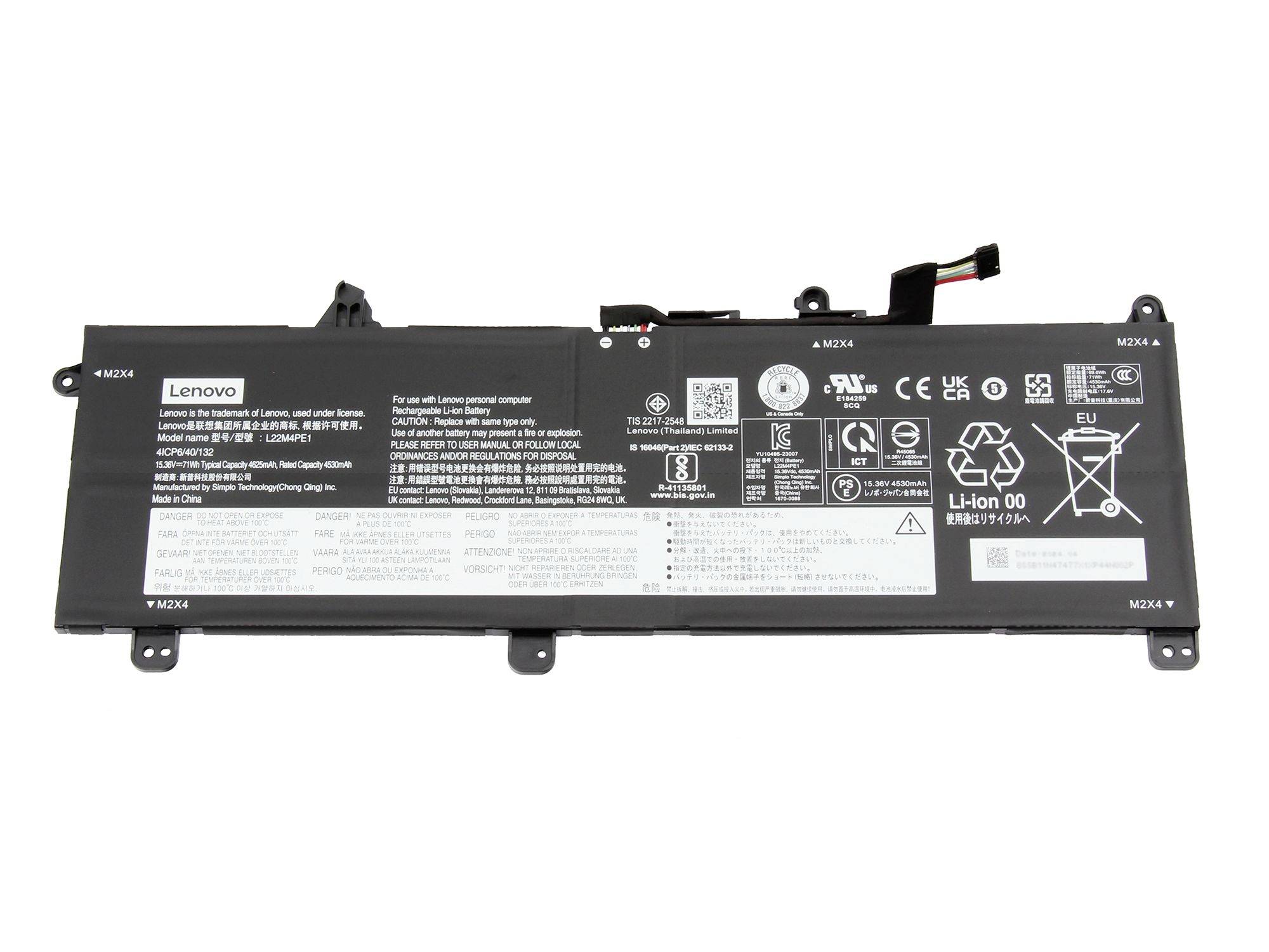 Pacco batteria per laptop Lenovo con etichette di modello e certificazione, mostrato isolato su sfondo bianco.