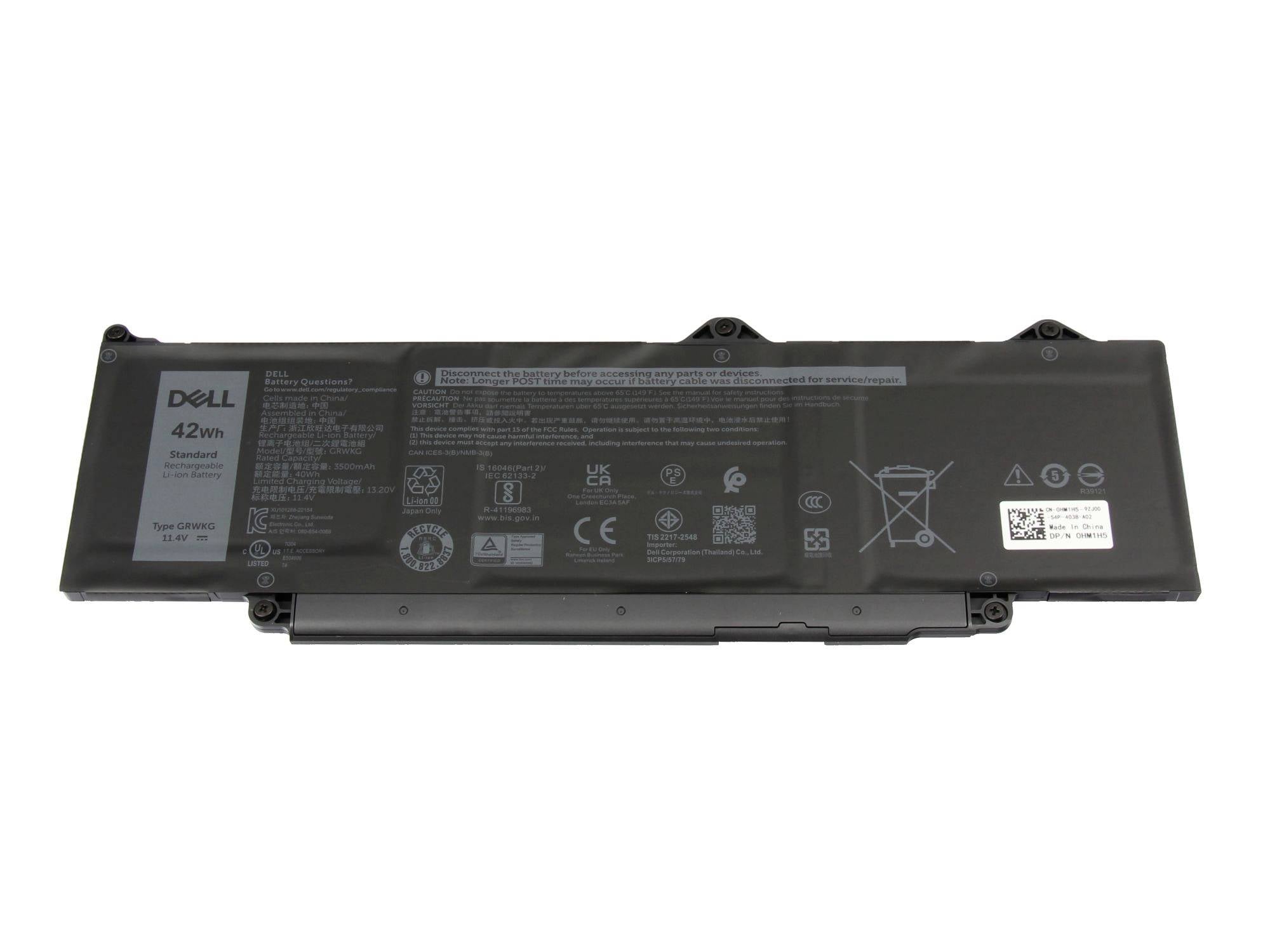 Batteria per laptop Dell da 42Wh su sfondo bianco, con etichette di prodotto e icone di avvertimento visibili.