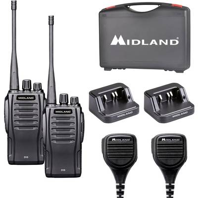 Kit ricetrasmettitore Midland bidirezionale con due walkie-talkie, custodia di trasporto, due stazioni di ricarica e due microfoni con clip.