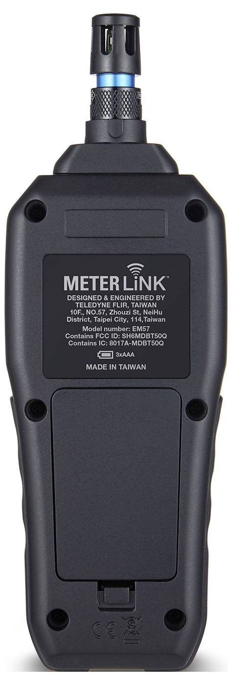 Vista posteriore di un dispositivo palmare MeterLink nero con un connettore blu nella parte superiore e un coperchio dello scomparto batteria, che mostra l'etichetta del prodotto e i fori di montaggio.