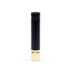 Dispositivo cilindrico nero con base dorata, in posizione verticale su uno sfondo bianco uniforme.