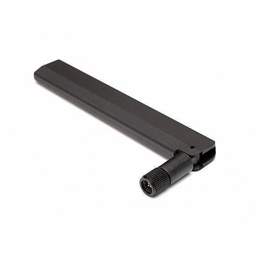 Antenna wireless esterna nera con corpo rettangolare e connettore filettato su sfondo bianco.