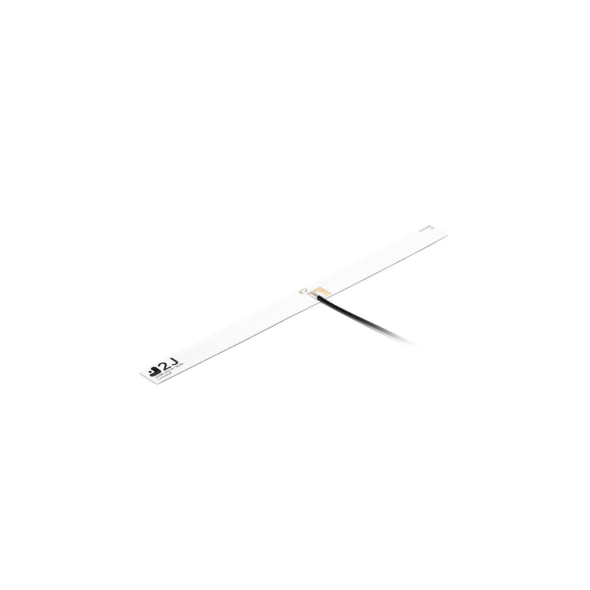 Immagine minimalista del prodotto di una sottile striscia bianca con un piccolo connettore e un cavo nero, mostrata su uno sfondo bianco neutro.