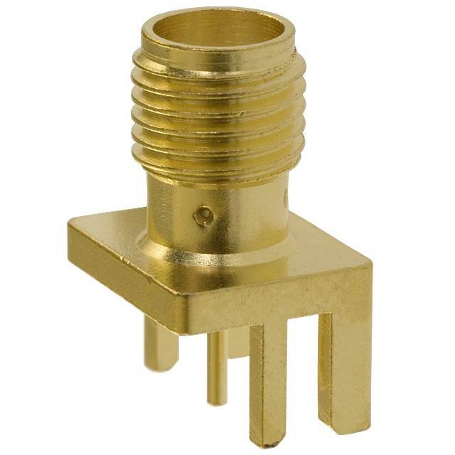 Connettore coassiale filettato montato su PCB di colore dorato con tre pin passanti su sfondo bianco.