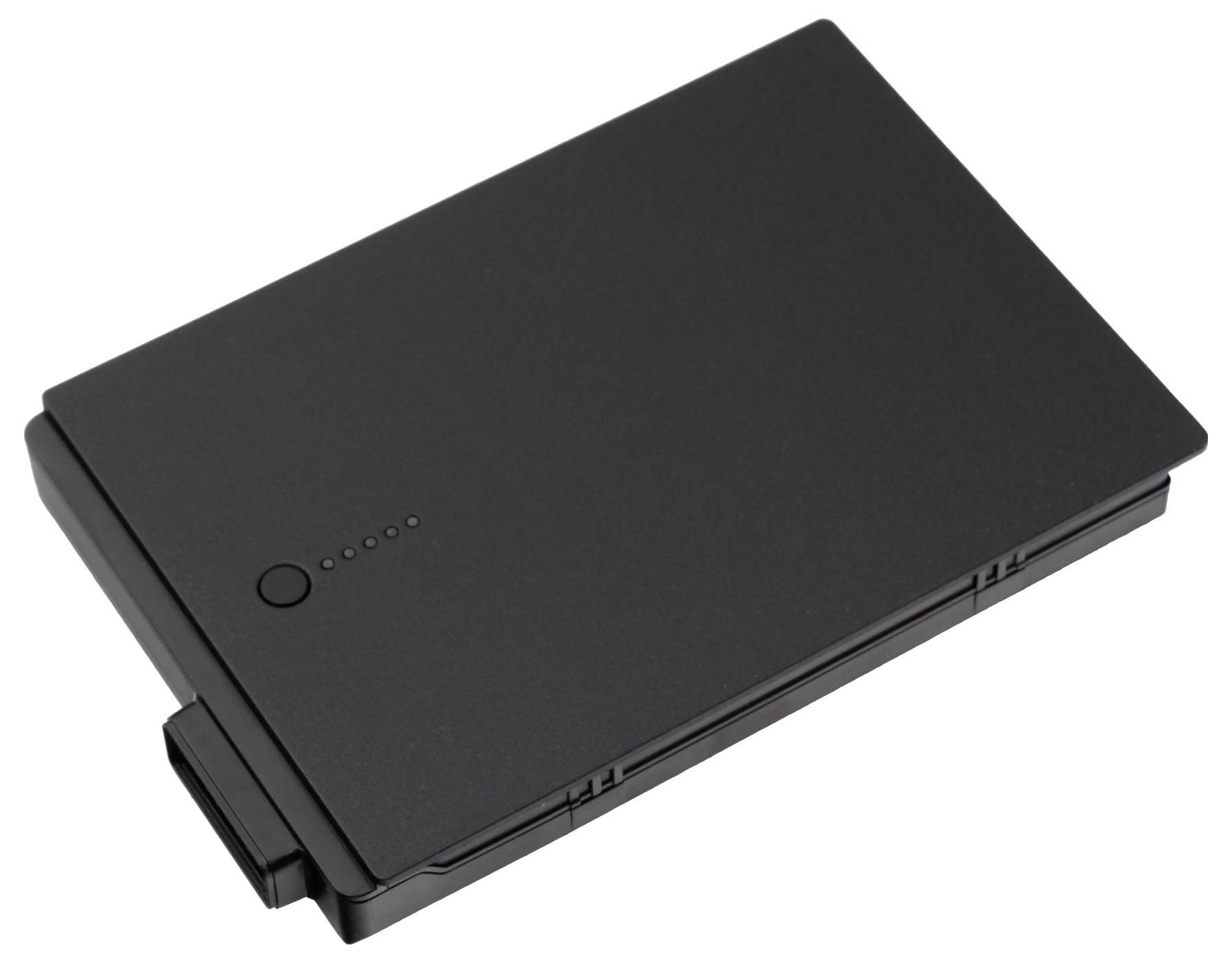 Pacco batteria rettangolare nero ricaricabile con spie luminose indicatori e una porta di connessione laterale su sfondo bianco
