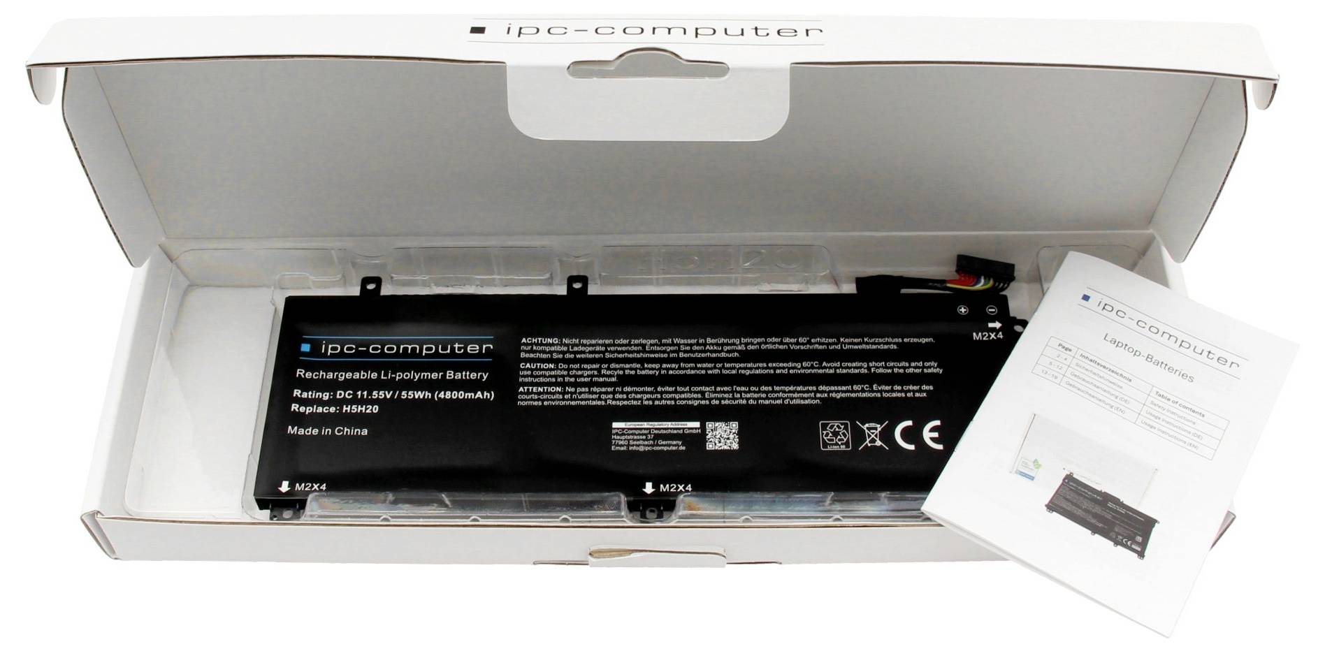 Scatola della batteria del computer iqo aperta che mostra un pacco batteria al litio-ione ricaricabile e un foglio di istruzioni all'interno.