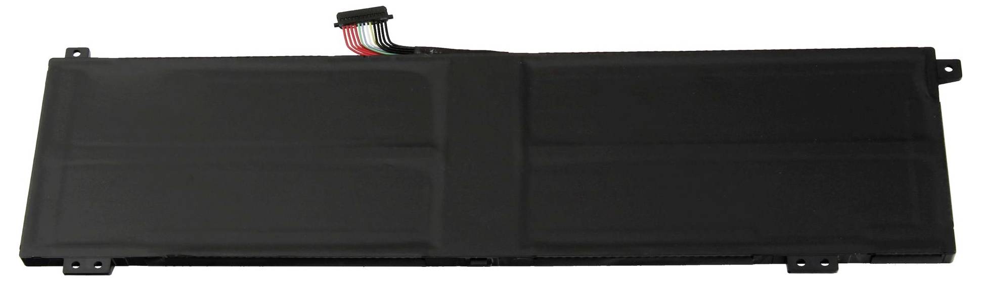 Pacco batteria rettangolare nero con più scomparti e connettore via cavo, mostrato su sfondo bianco.