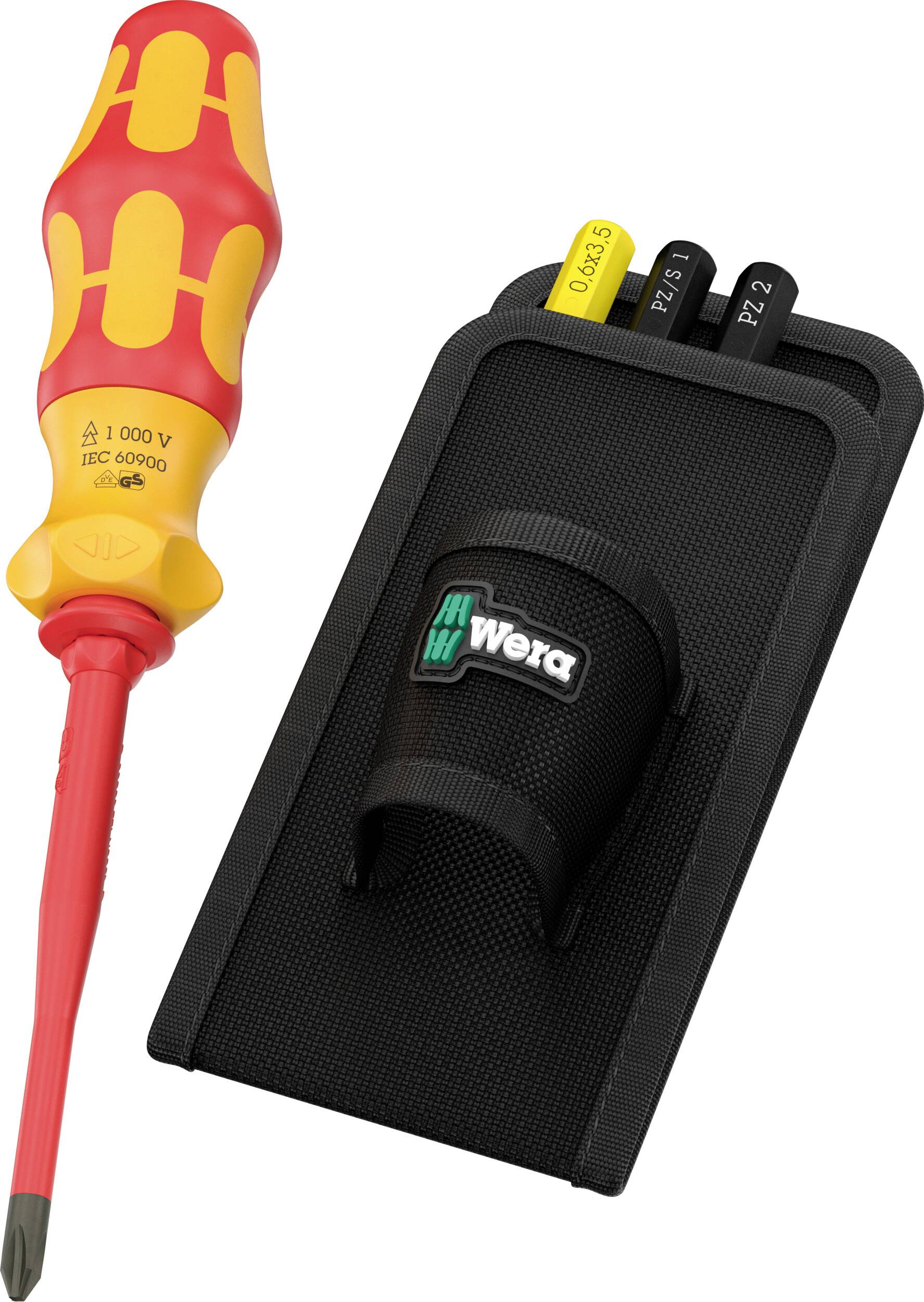 Cacciavite Wera isolato con manico rosso-giallo accanto a un supporto nero contenente quattro punte intercambiabili, mostrato su sfondo bianco.
