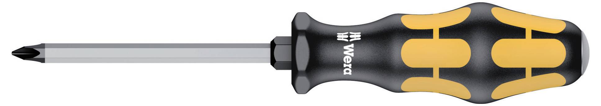 Cacciavite con punta piatta con manico Wera nero e arancione e stelo argentato, mostrato su sfondo bianco.