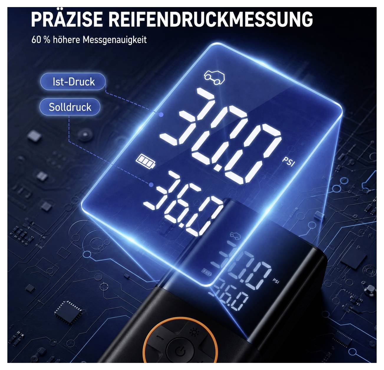 MISURAZIONE PRECISA DELLA PRESSIONE DEGLI PNEUMATICI<br><br>Pressione effettiva e Pressione consigliata<br><br>Display luminoso 30.0 PSI