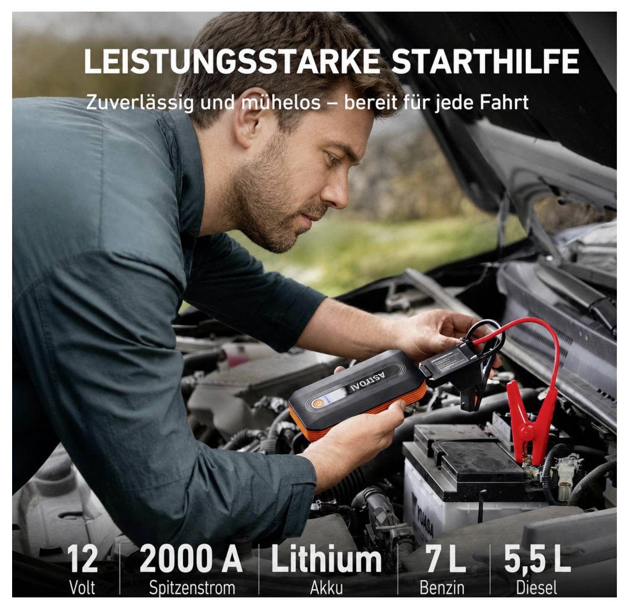 Un meccanico utilizza un avviatore portatile al litio su una batteria dell'auto sotto il cofano; il testo pubblicizza "AVVIAMENTO POTENTE" e le specifiche: 12 Volt, 2000 A, 7L benzina, 5,5L diesel.