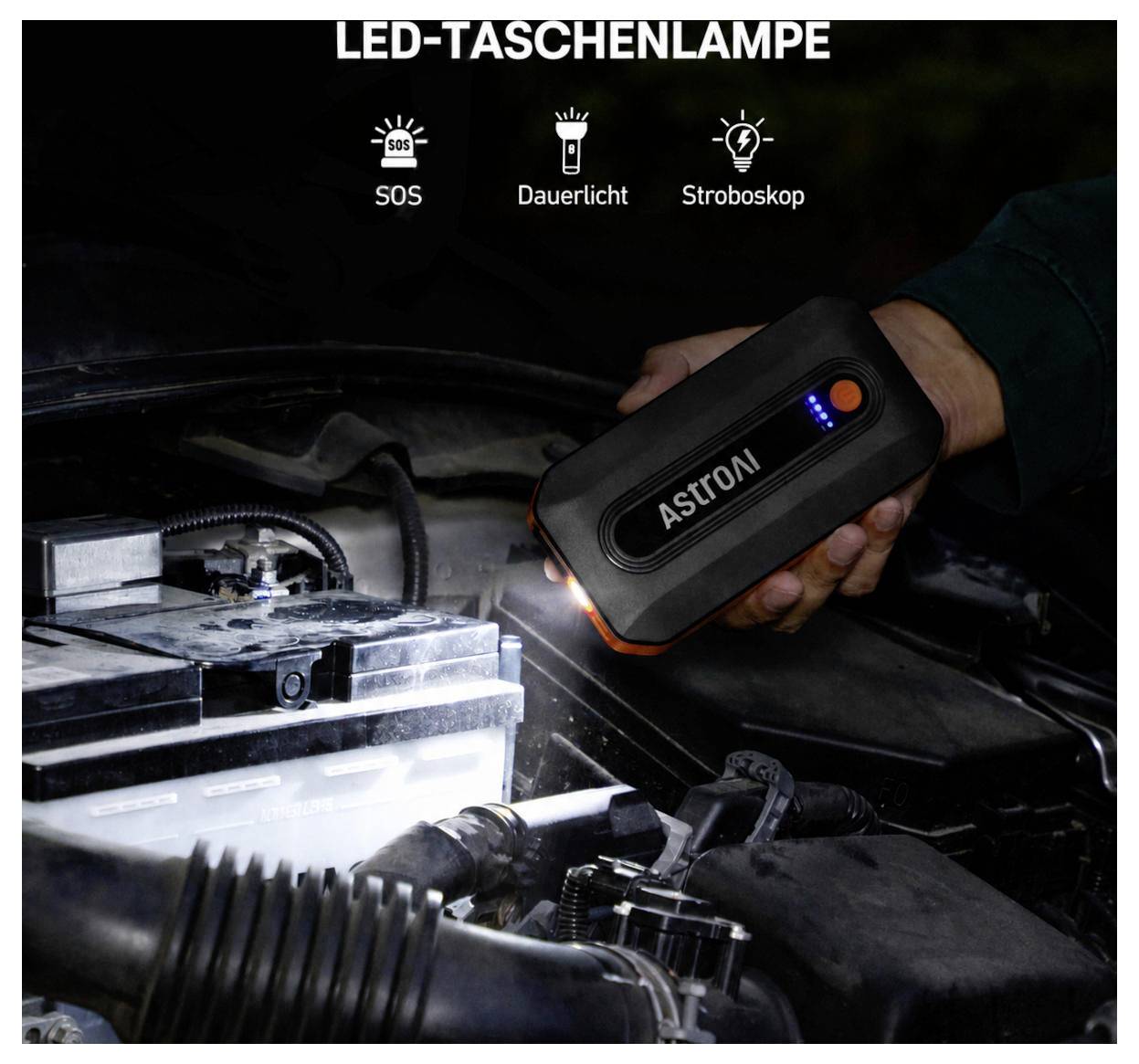 Una persona utilizza una torcia LED per ispezionare il motore di un'auto; l'immagine etichetta le modalità di luce 'SOS', 'Luce continua' e 'Stroboscopica'.
