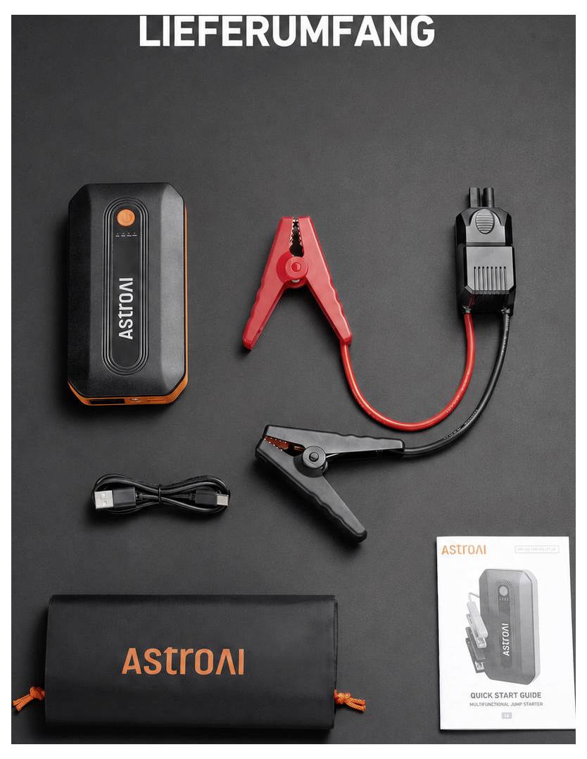 Kit di avviamento ASTRON disposto su uno sfondo scuro con pinze, cavo, cavo USB, borsa per il trasporto e guida rapida sotto il titolo 'CONTENUTO DELLA CONFEZIONE'.
