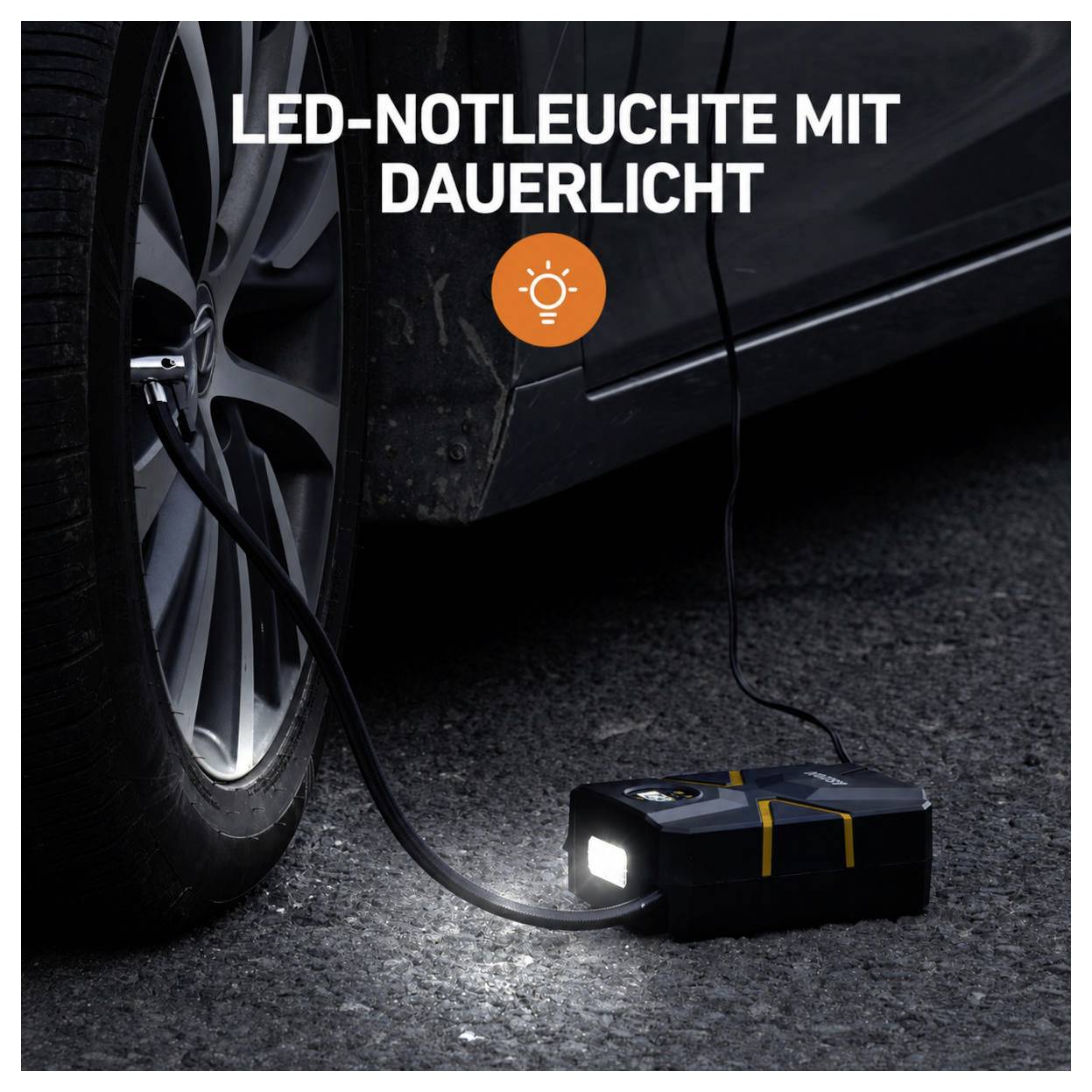Luce di emergenza LED portatile collegata via cavo alla ruota di un'auto, con testo in tedesco "LED-NOTLEUCHTE MIT DAUERLICHT" sopra.
