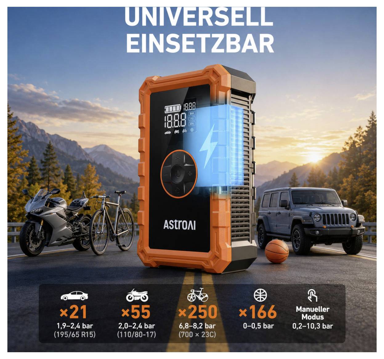 Immagine promozionale di un compressore d'aria portatile/booster ASTRAL con testo tedesco "UNIVERSELL EINSETZBAR", mostrato mentre gonfia un'auto, una moto, una bicicletta e una palla.