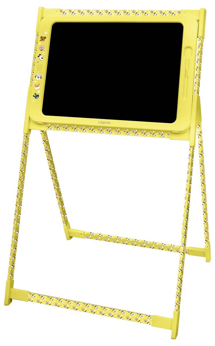 Cavalletto giallo per bambini con lavagna vuota, decorato con motivi colorati.