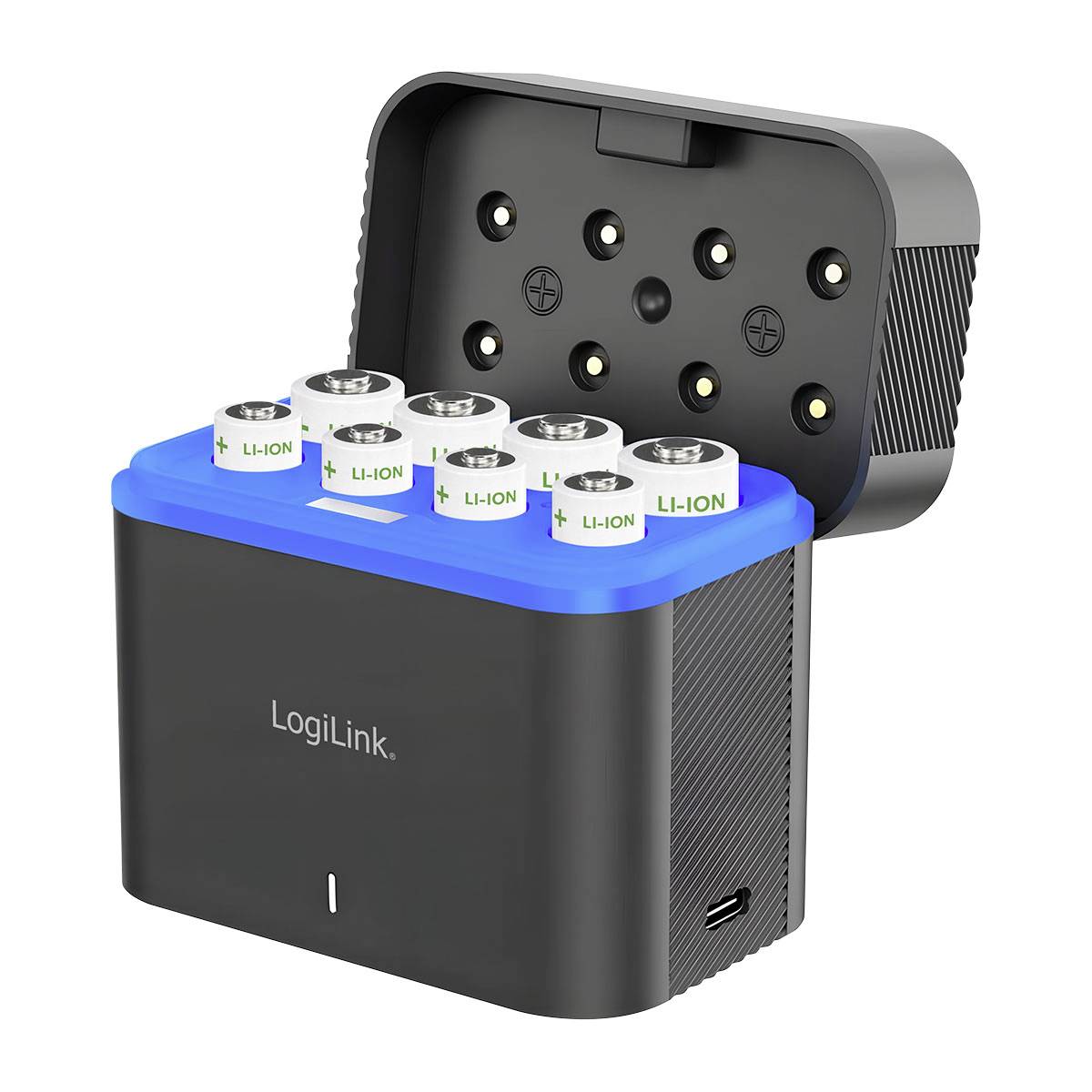 Caricabatterie LogiLink con coperchio blu che contiene sei batterie Li-ion, mostrato con coperchio posteriore aperto e slot di ricarica.