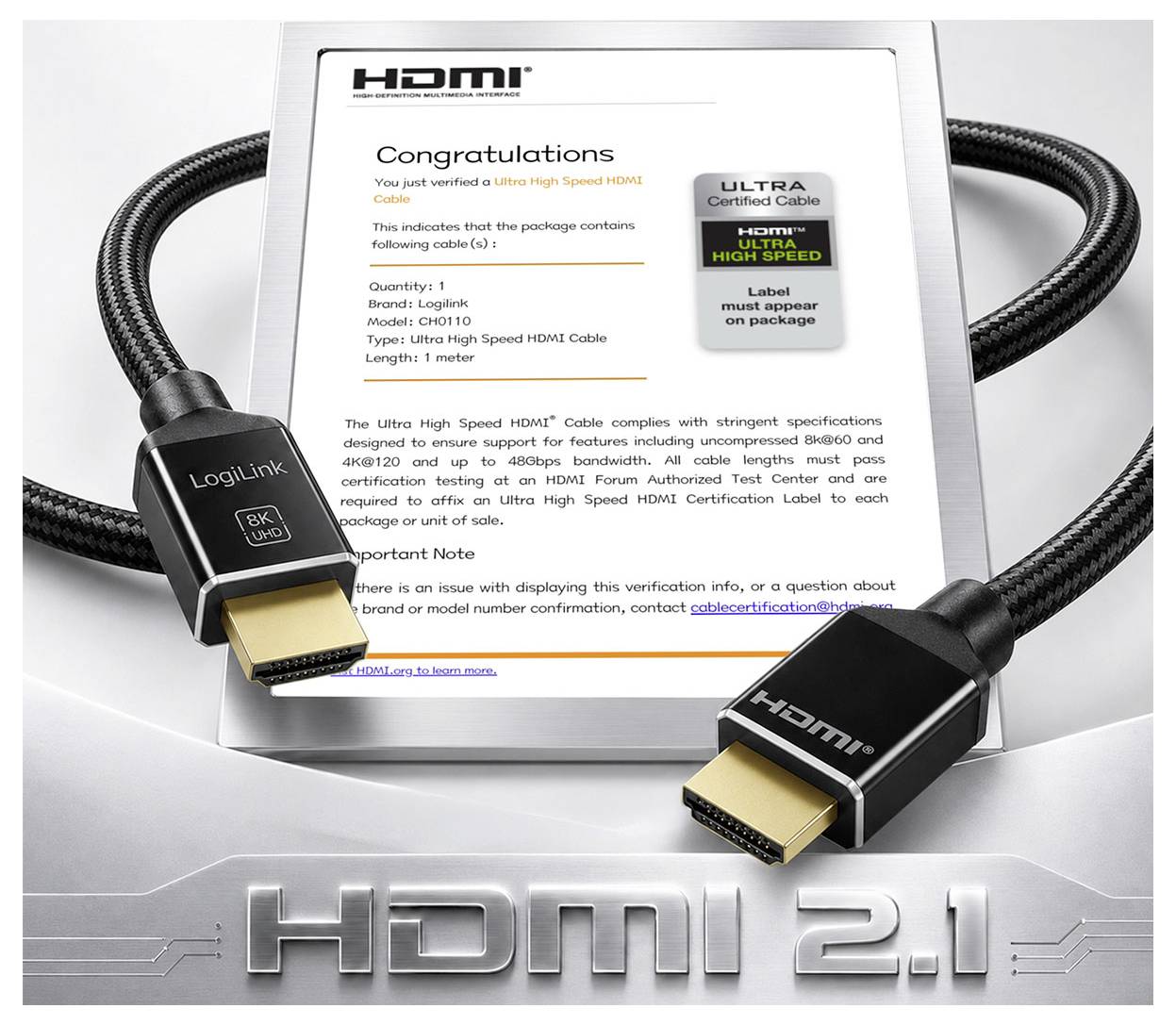 Cavo HDMI 2.1 Ultra High Speed certificato visualizzato con confezione di verifica ed etichetta, che mostra connettori HDMI dorati e il marchio "HDMI 2.1".