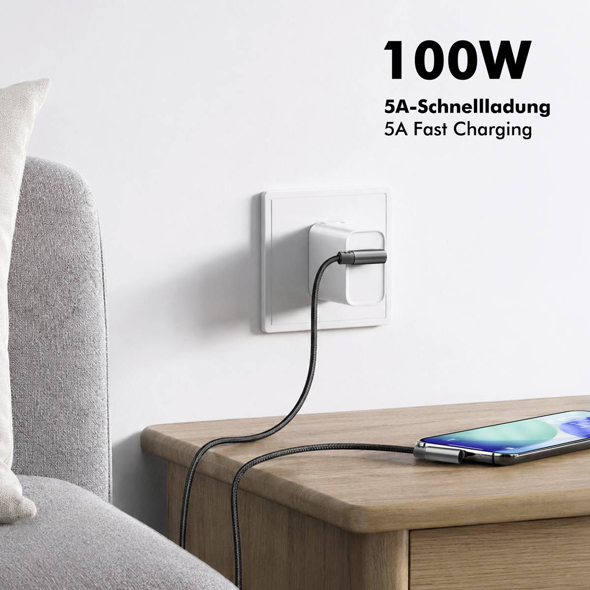 Carica del telefono da una presa a muro con cavo e adattatore; il testo recita "100W", "5A-Ricarica rapida", "5A Fast Charging".