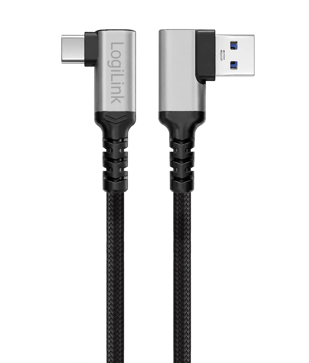 Cavo USB-C angolato a 90 gradi con connettore USB-A, con treccia nera e connettori LogiLink argentati, mostrato in vista frontale e laterale su sfondo bianco.