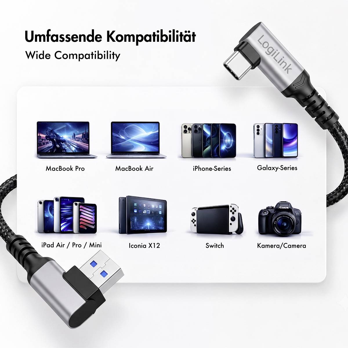 Grafica del prodotto che mostra la compatibilità del cavo USB-C con MacBook Pro, MacBook Air, serie iPhone, serie Galaxy, iPad Air/Pro/Mini, Iconia X12, Switch e fotocamera; il testo dice "Compatibilità completa" e "Ampia compatibilità".