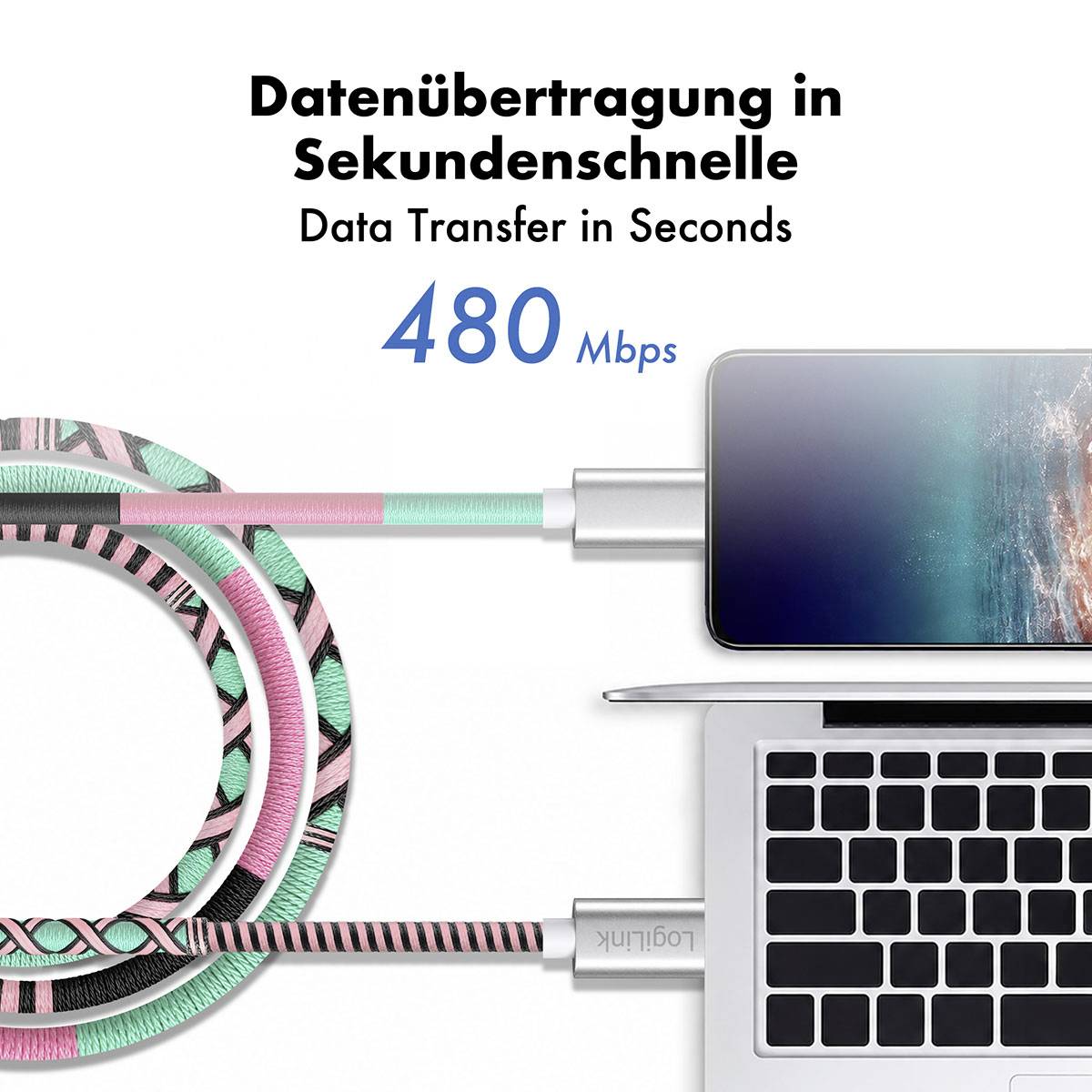 Grafica promozionale che mostra un laptop collegato da cavi colorati, con il testo "Trasferimento dati in pochi secondi" e "Data Transfer in Seconds" e velocità "480 Mbps".