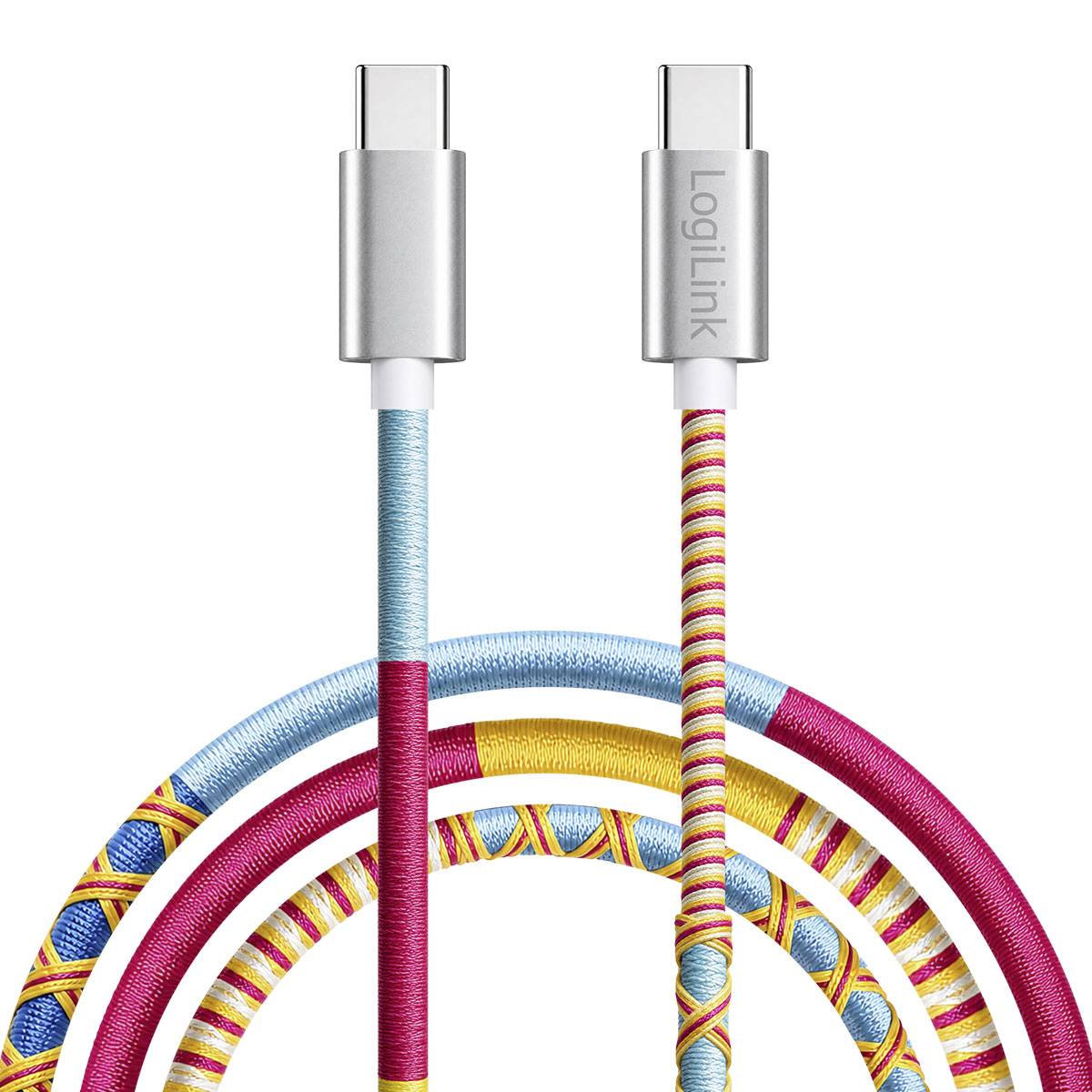 Due estremità di cavo USB-C mostrate con cavi intrecciati colorati in una presentazione del prodotto ad anello; un connettore è etichettato "LogiLink".