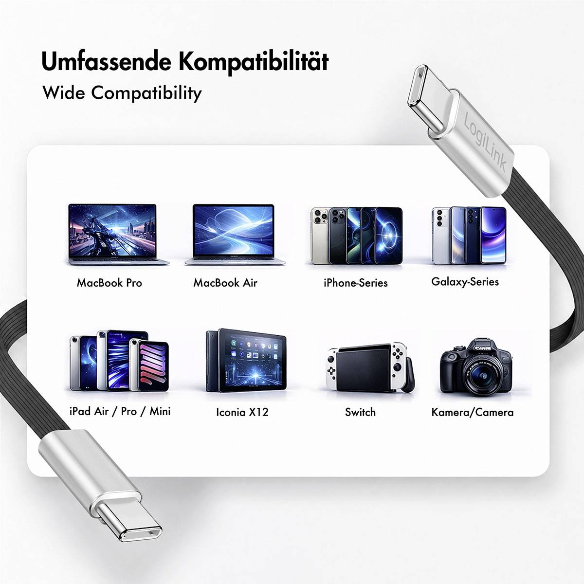 Un'immagine di ampia compatibilità che mostra come un cavo USB-C funziona con MacBook Pro, MacBook Air, iPhone, telefoni Galaxy, iPad, Iconia X12, Switch e fotocamera.