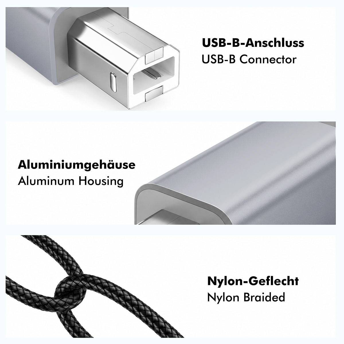 Connettore USB-B con cavo intrecciato in nylon e alloggiamento in alluminio.