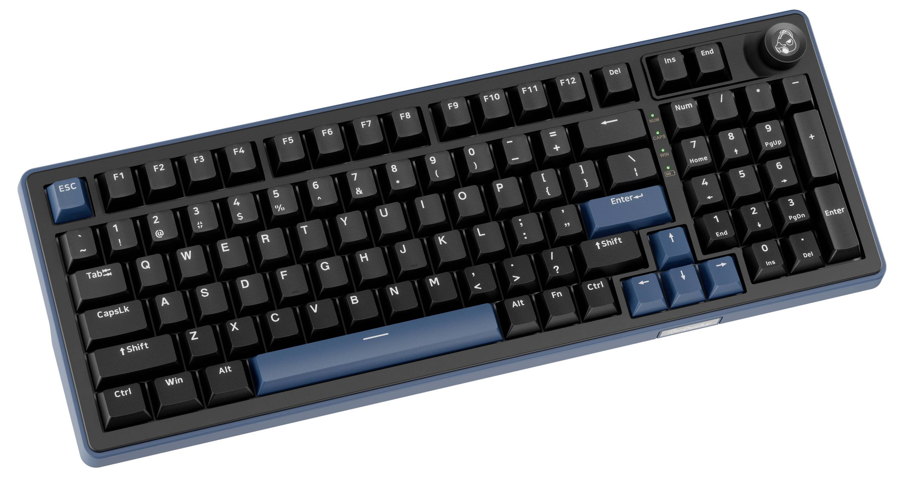 Tastiera meccanica compatta nera con accenti blu e manopola rotativa, mostrata da un angolazione su sfondo bianco.