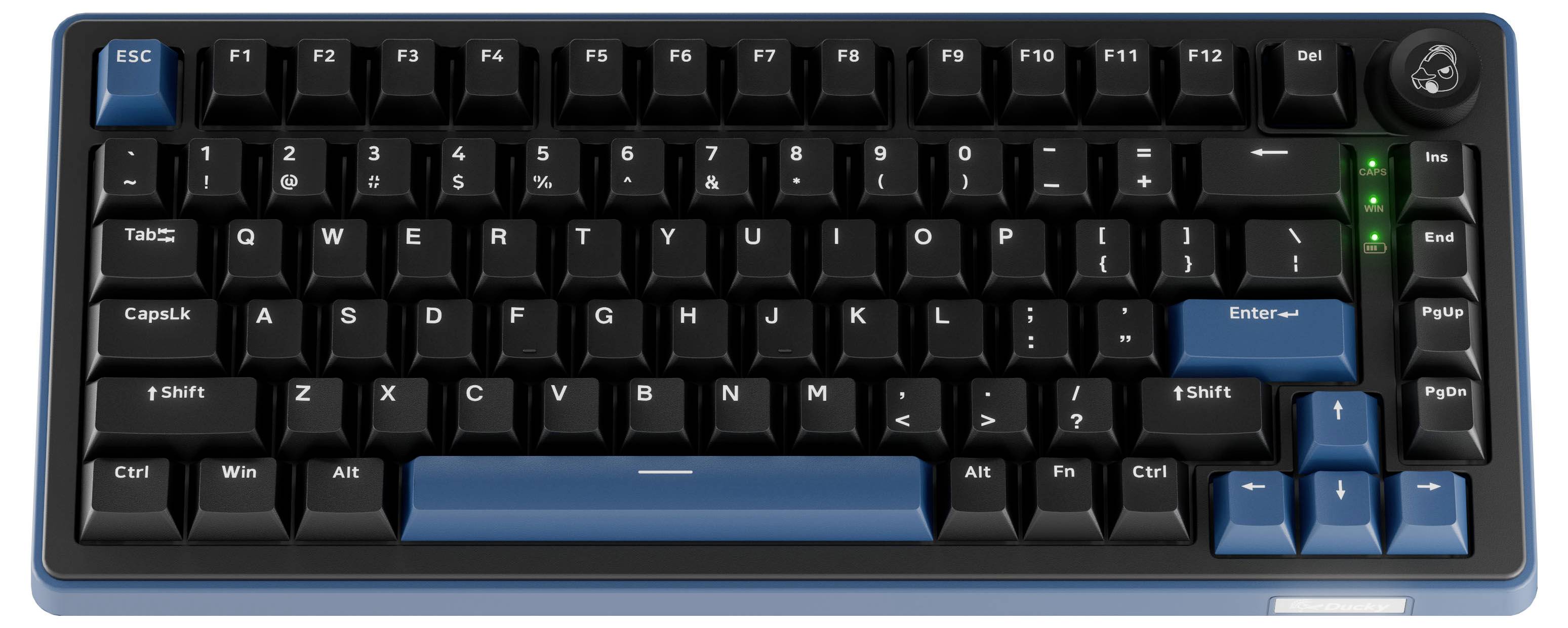 Tastiera meccanica compatta nera con accenti blu, inclusi tasto Esc blu, Invio, barra spaziatrice, tasti freccia e luci indicatrici laterali sul lato destro.