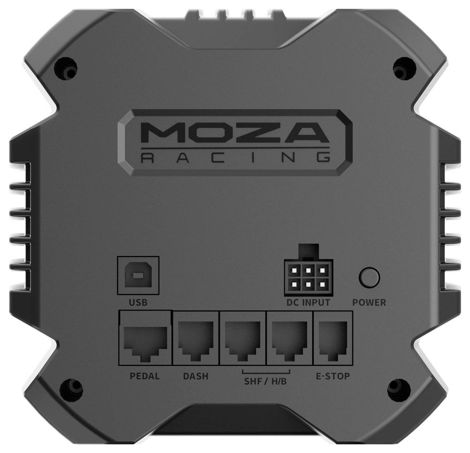 Hub di controllo MOZA Racing con USB, ingresso CC, pulsante di alimentazione e cinque porte etichettate pedale, dash, SHF/HB ed E-stop.